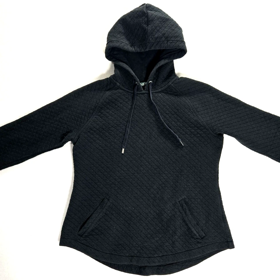 Sudadera con Capucha Acolchada Lauren Ralph Lauren Para Mujer Talla Pequeña Pullover Negro Elástico Foto 2 de 4