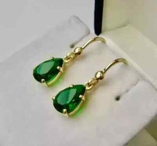 Natural Green Emerald 3.5Ct Pear Cut Drop/Dangle Earrings 14K Yellow Gold Plated