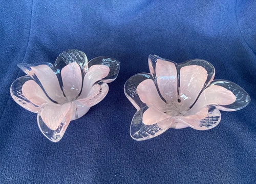 Pair of Art Glass Tea Light Votive Candle Holder Pink Floral Shape