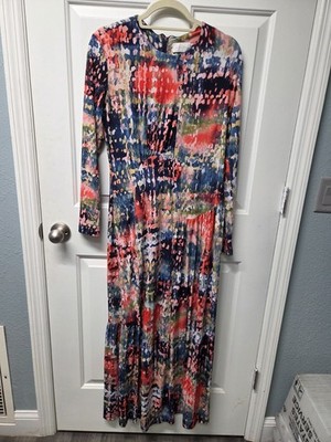 AC CO Women Sz M Multicolor Abstract Floral Print Long Sleeve Round Neck Dress