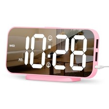  Mirror Digital Alarm Clock for Girls & Teens, Dual Alarms, Snooze, Pink