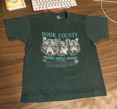 Vintage Door County Children s Shirt 10-12 Forest Green Animal Wolf Print