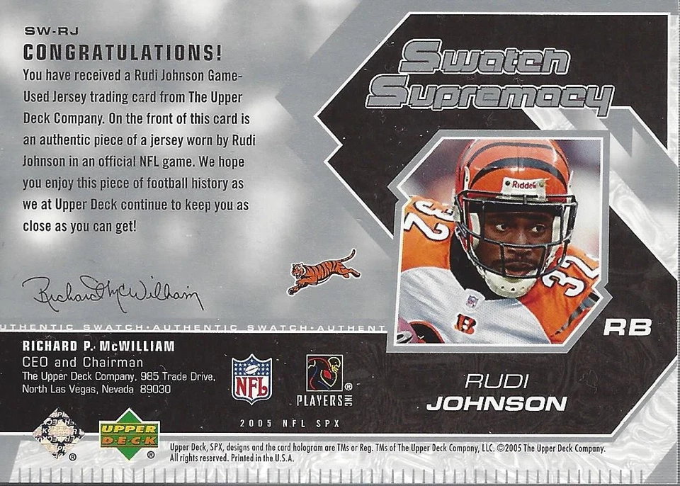 2005 SPx Swatch Supremacy #SWRJ Rudi Johnson Jersey - FB - Image 2 of 2