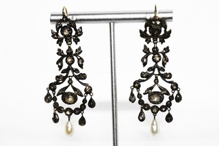 $9 000 15K Gold 1.00CT Antique Georgian Period Natural Diamond & Pearl Earrings