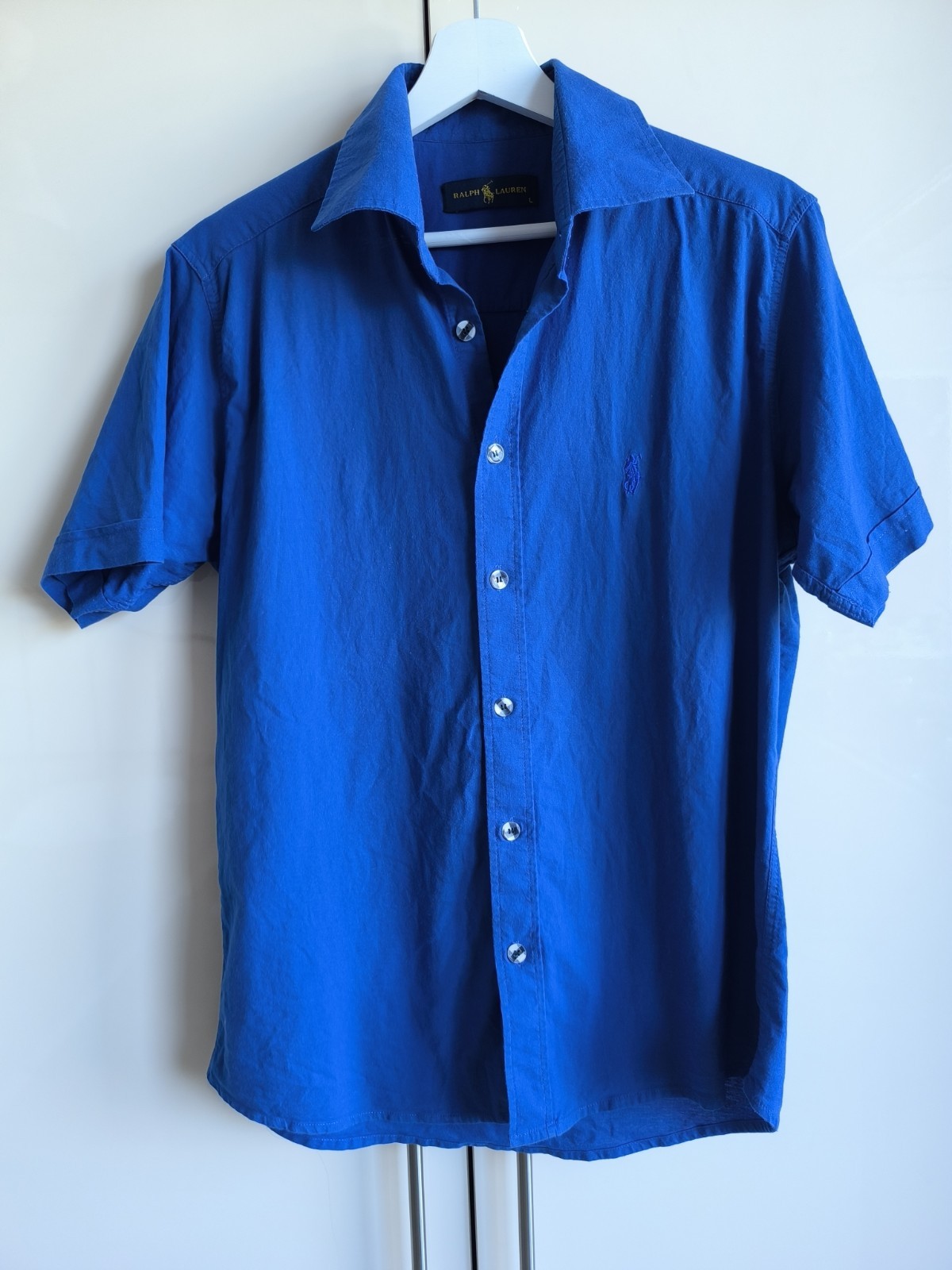 SAINT LAURENT Camicia blu premium vintage Ralph Lauren con bottoni e bottoni manica corta pony