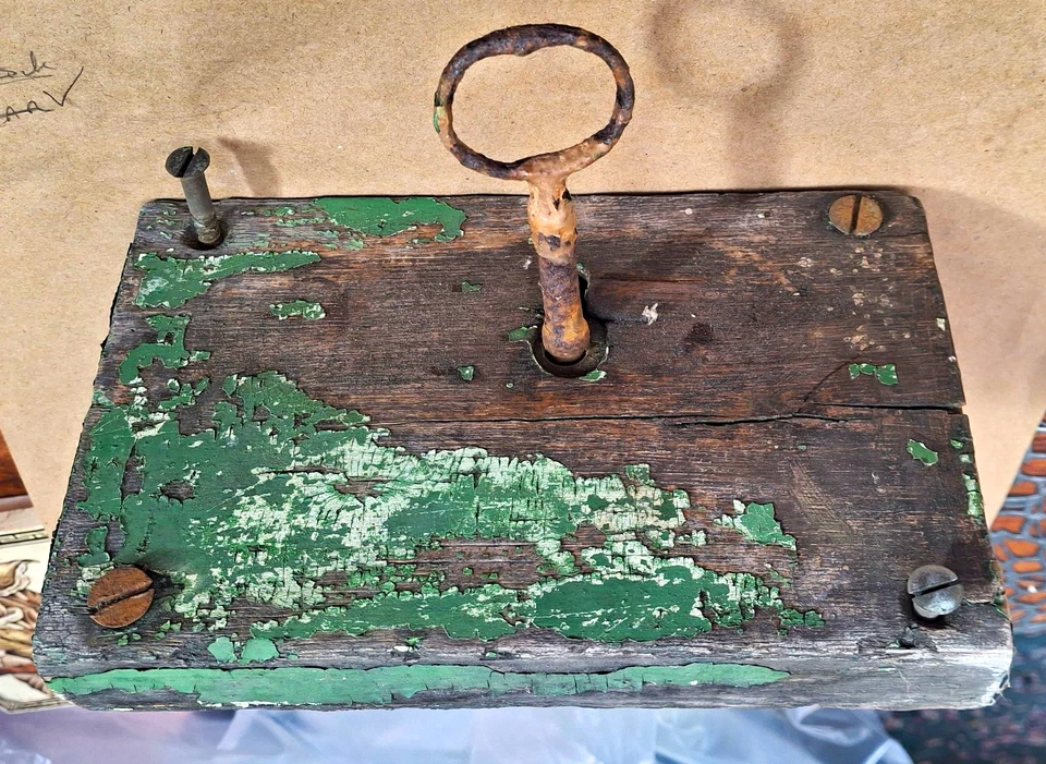 Antique Original Wooden & Metal Rim Lock with Iron Key, Green Paint, Salvage - Image 1 of 4