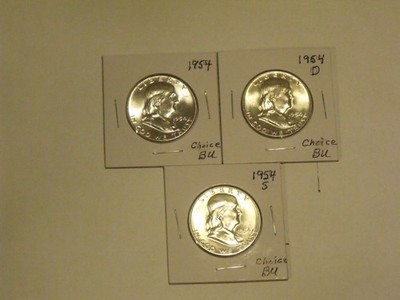 1954-P-D-S Silver Franklin half dollars (3 coins) Choice BU w/cartwheel luster