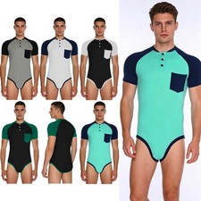 Mens Short Sleeve Bodysuit Open Crotch Romper Bodycon Leotard One Piece Pajamas