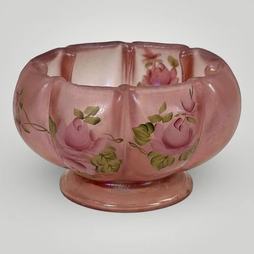 Fenton Pink Iridescent Glass Rose Bowl 5.5in X 3.5in Hand Painted Signed USA