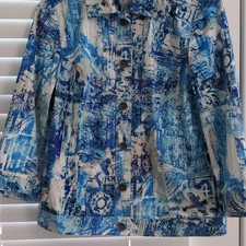 Chico's Abstract Print Button-Front Collared 3/4 Sleeve Jacket Blue/White 1