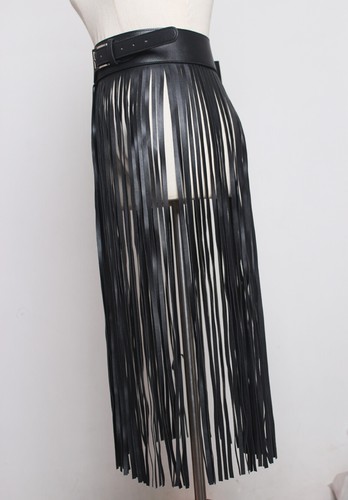 Women Faux Leather Waistband Long Fringe Tassle Skirt Belt Dance Party Club Punk - Picture 5 of 12