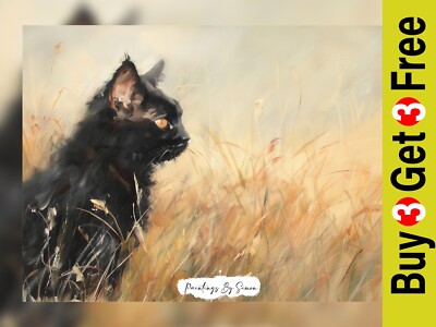 Mysteriöse schwarze Katze, Ölgemälde Druck 5''x7'' auf mattem Papier
