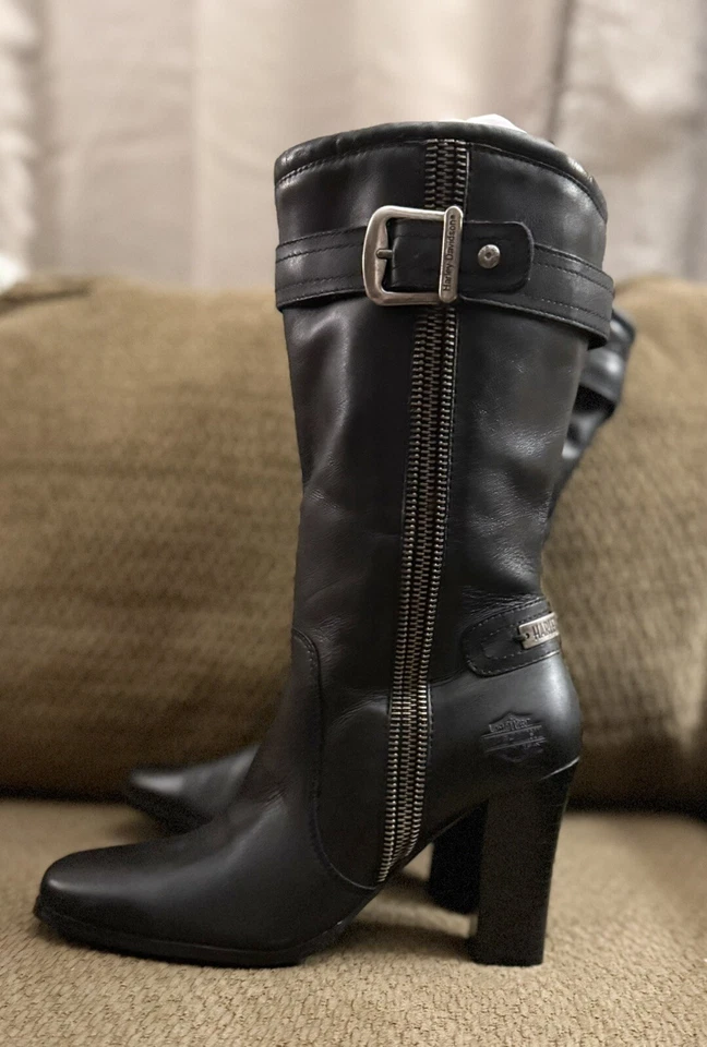 Botas para mujer Harley Davidson de cuero negras de tacón alto de motociclista talla 7 Foto 2 de 4