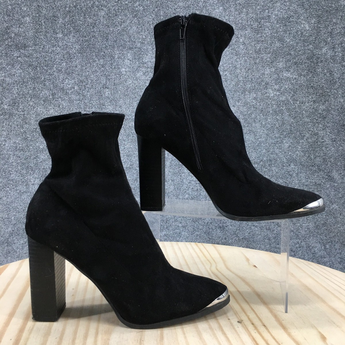 Forever 21 Boots Womens Casual Side Zip Sock Bootie Black Fabric Block  Heels