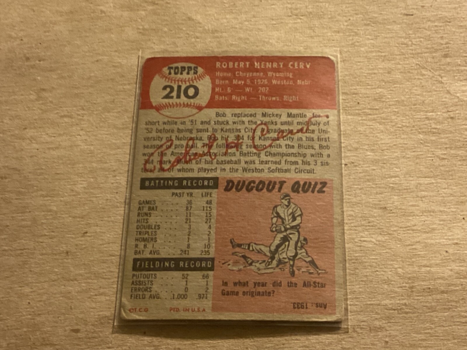 1953 Topps Baseball #210 Bob Cerv Rookie EX+ - Lite Corner Wear - No Creases - - Picture 2 of 2
