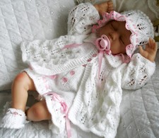 Baby Girls Knitting Pattern Dk Reborn Doll Matinee Coat Pants Hat Shoes 0-3 Mth