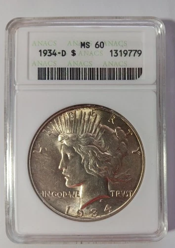 1934 D Peace Dollar $1 - ANACS MS60 Soapbox Old Holder