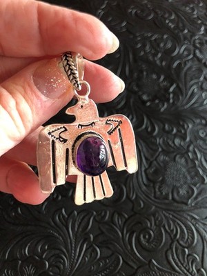 Thunderbird Pendant Stamped Purple Amethyst 2  Artisan Made