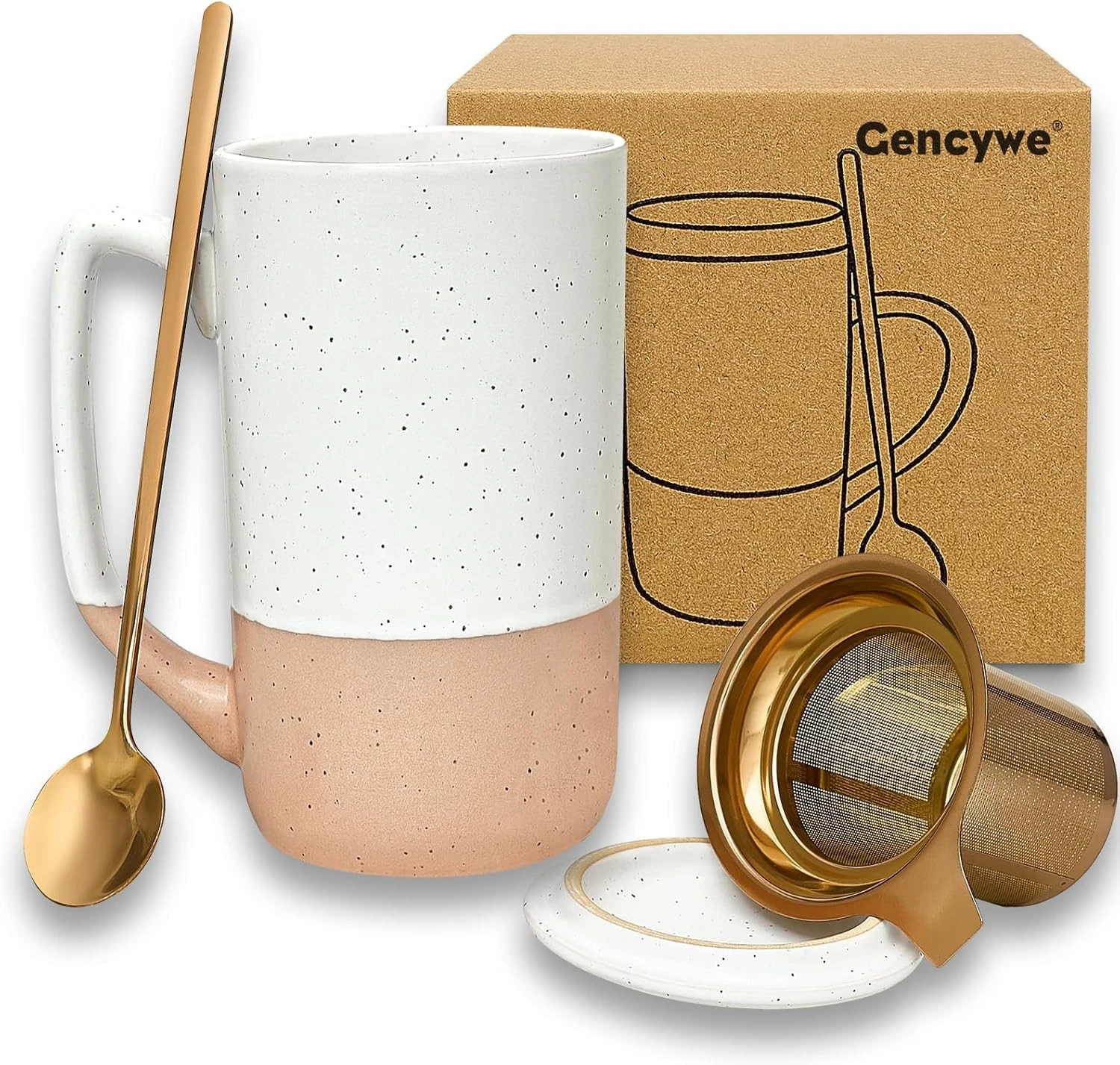 Ceramics Large Tea Cup with Loose Leaf Infuser, Spoon and 16 Ounces, Pink