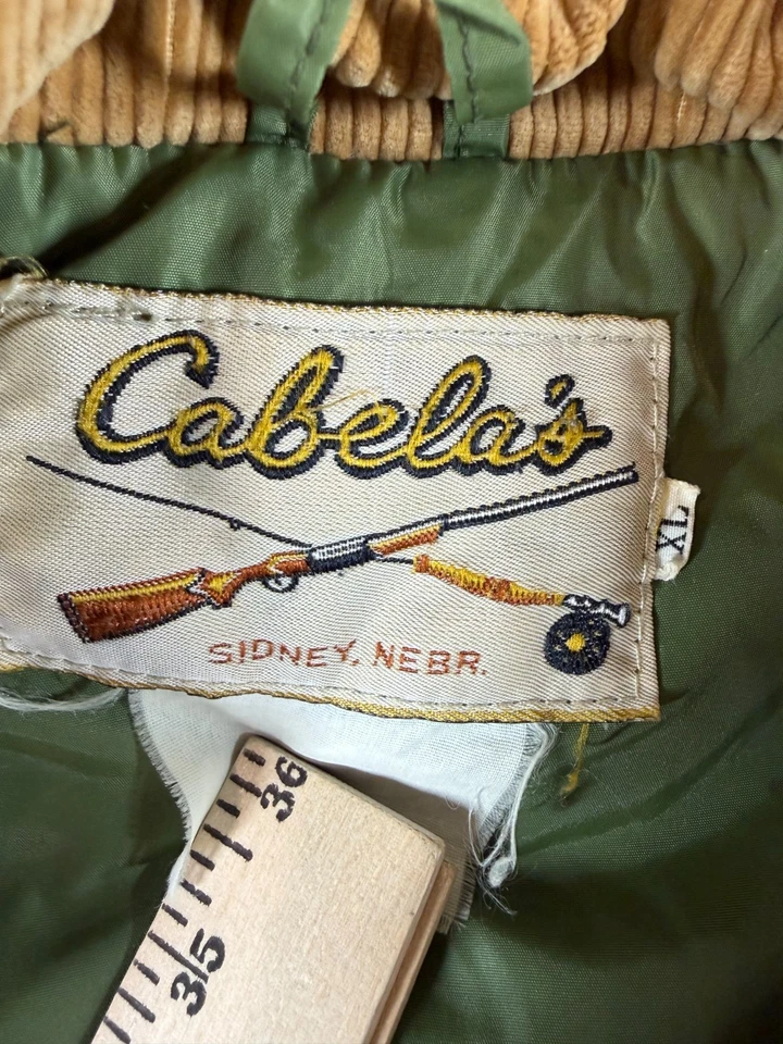 Vtg Cabela’s Sidney NE Green Puffer Hunting Jacket Cord Collar XL 70s Goose Down - Image 3 of 4