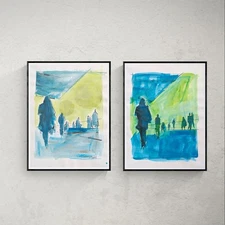 Original Paintings Diptych 11x14 on Art Paper. 'The Commute'
