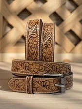 Women's Western Leather Belt, Floral Embossed Cowgirl Hand Tooled Belt 1-1/2"