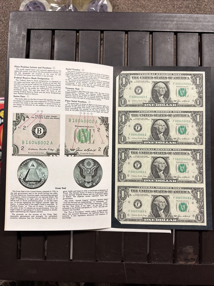 Bureau of Engraving and Printing 4 Four One Dollar Bills Uncut 1985 $1 - Image 2 of 4