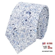 Cotton Floral Ties for Men, 2.76" Skinny Mens Tie Flower Men's White Navy