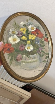 Signiertes Joan Barnes Aquarell Stillleben Blumen oval gerahmtes Bild