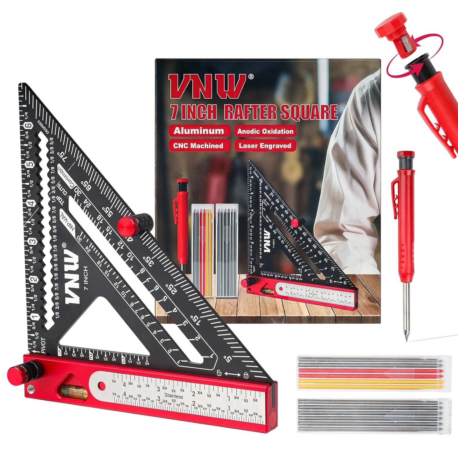 6 in 1 Rafter Square with Carpenter Pencil, 7In Rafter Square Multi-Purpose Carp