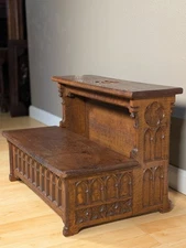 Antique French Gothic Oak Wood Child's Step Stool Stairs Bench