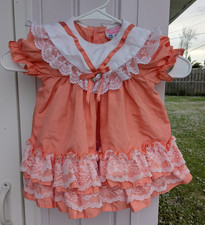 VTG Martha's Miniatures Peach Orange Ruffles Lace Dress Made in USA 18 Months