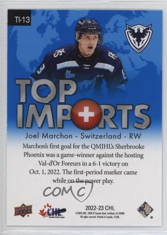 2022-23 Upper Deck CHL Top Imports Blue /25 Joel Marchon #TI-13 - Image 2 of 2