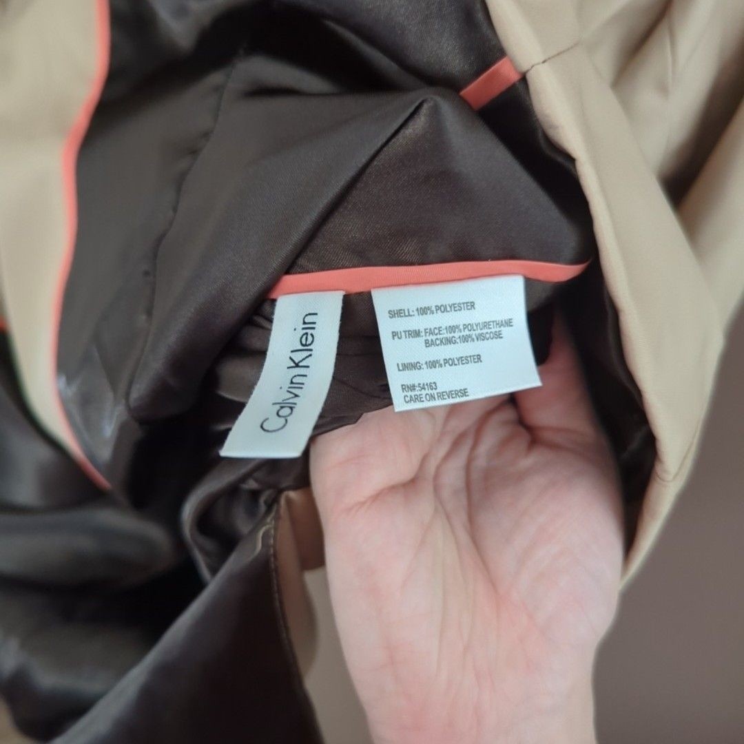Calvin Klein Trench Coat Womens M Beige Belted Zip Pockets Lined Mid Length image 4