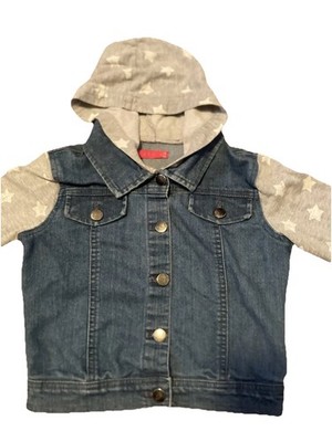 Tinsey Blue Jeans Button Up Long Sleeve Hooded Gray White Star Jacket Kid Size S