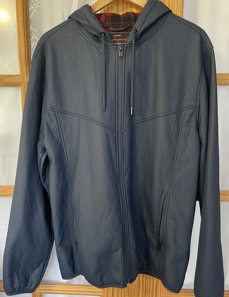 Chaqueta con Capucha Impermeable Imitación Cuero Adhesionada Polar Polar Polar Azul Marino Cremallera Completa Moderna Foto 2 de 4