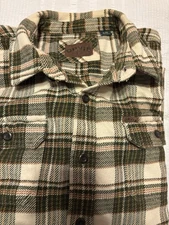 Orvis Shirt Jacket Men Sz XL Green Brown Cream Plaid Flannel Pockets Shacket