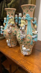 Beautiful Vintage Chinese Famille Rose Glazed Molded Porcelain Boys Vase