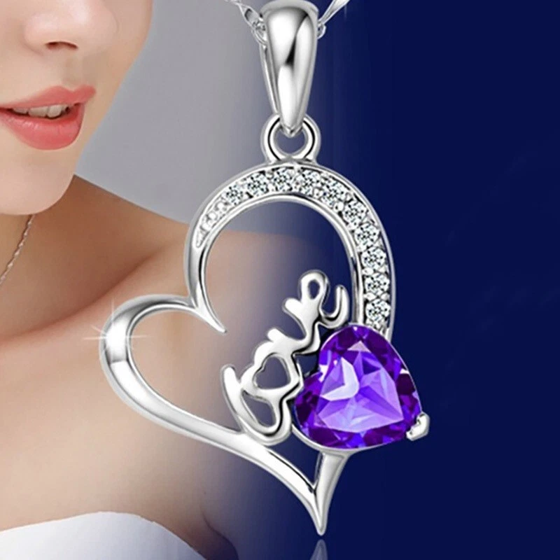 情人节 925 纯银 18 英寸 - 20 英寸女式紫水晶吊坠项链 D350 — 第 2/4 张图片