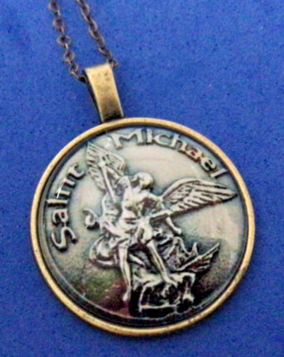 Rare Bronze ARCHANGEL St MICHAEL Saint Medal NECKLACE Pendant Angel Glass Dome 
