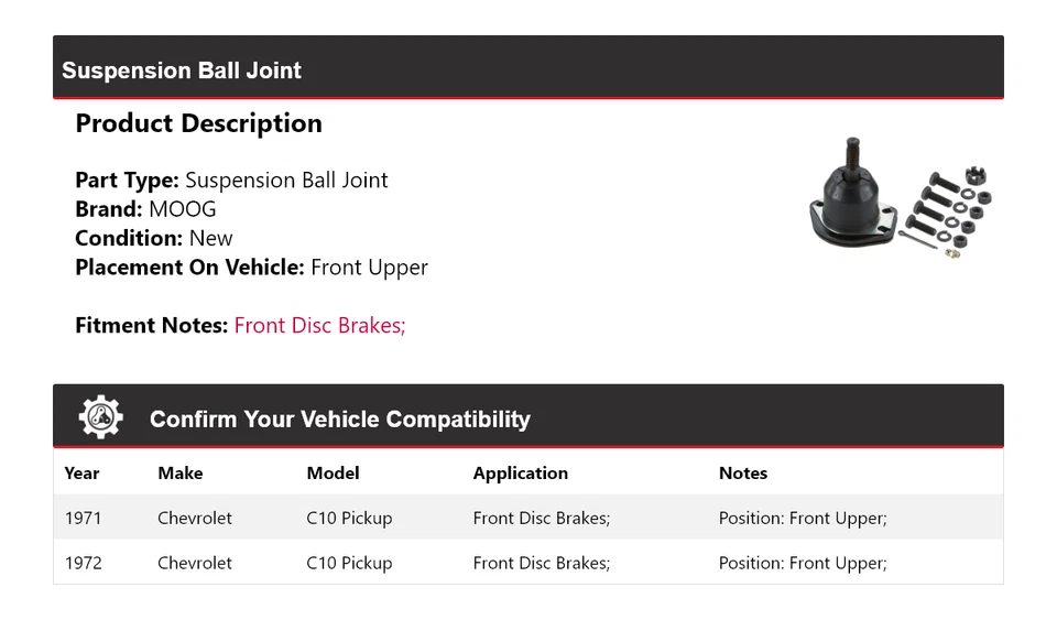 Para Chevrolet C10 1971-1972 camioneta suspensión rótula delantera superior MOOG Foto 2 de 4
