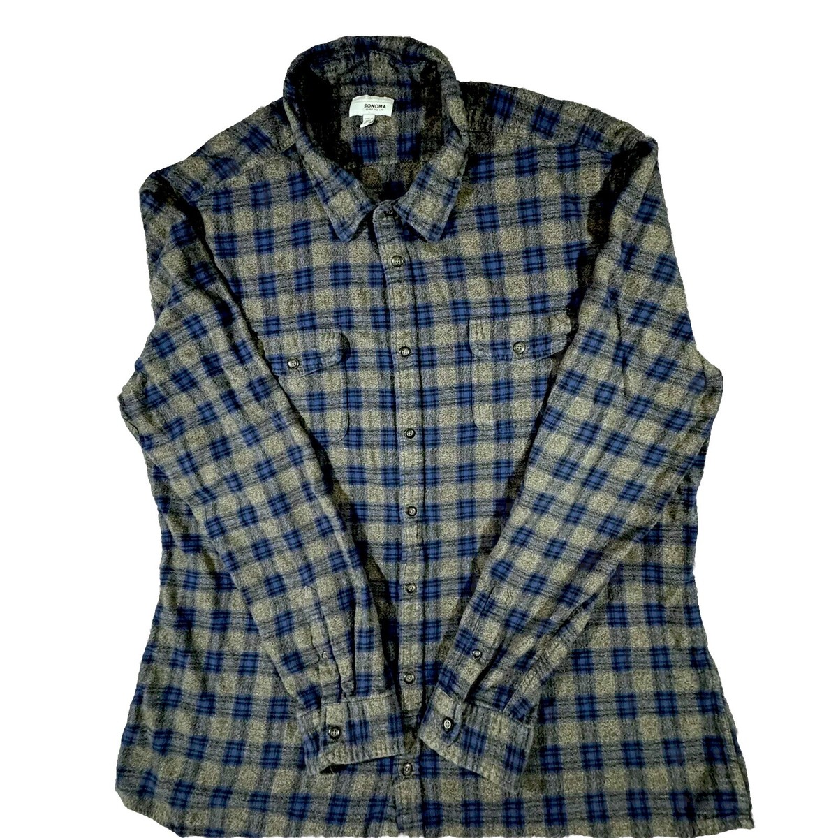 Sonoma Button-up Shirt Men's Size 3XLT Blue Gray Plaid Flannel