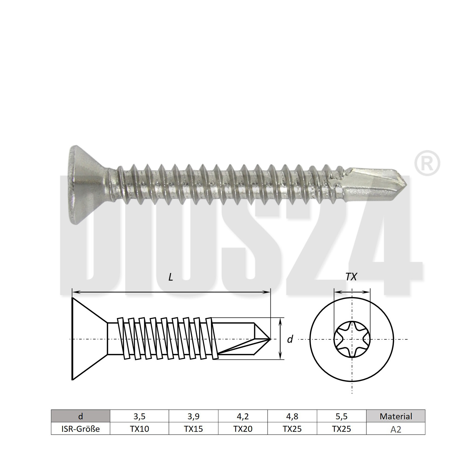 150x Blechschrauben SECCARO - 5,5x32mm, Edelstahl, TX-Antrieb, Senkkopf