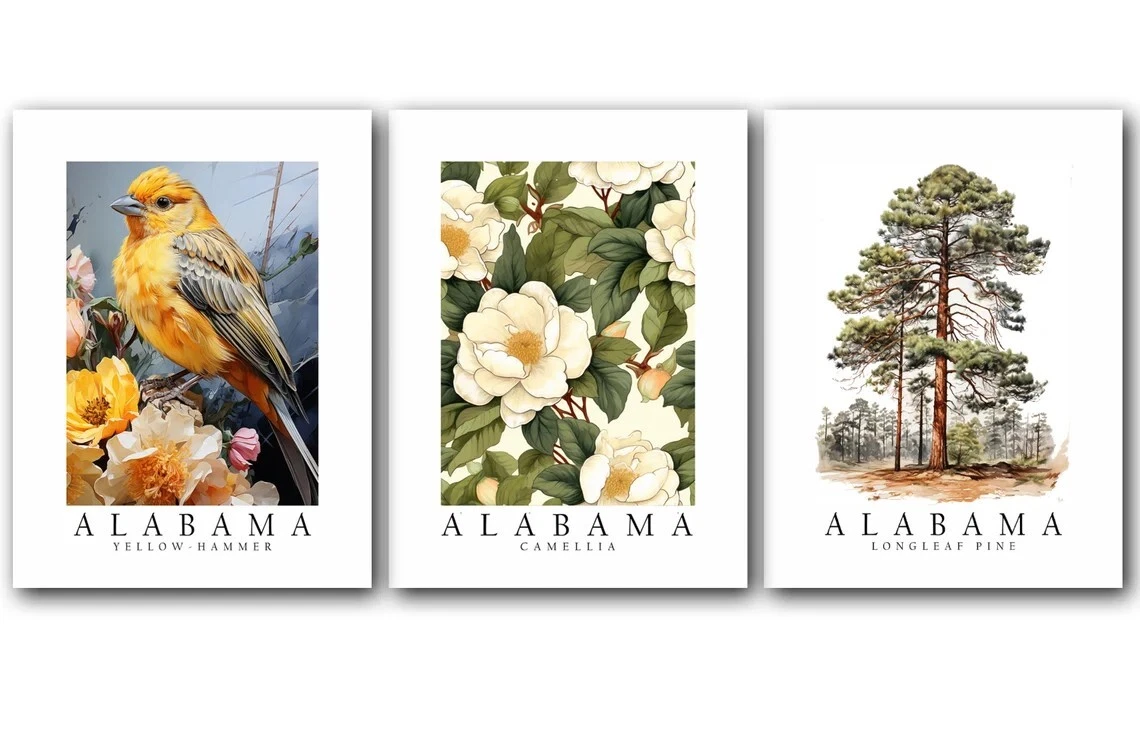 Alabama State Bird, Tree, and Flower, Set of 3 Poster Prints, Wall Art Décor