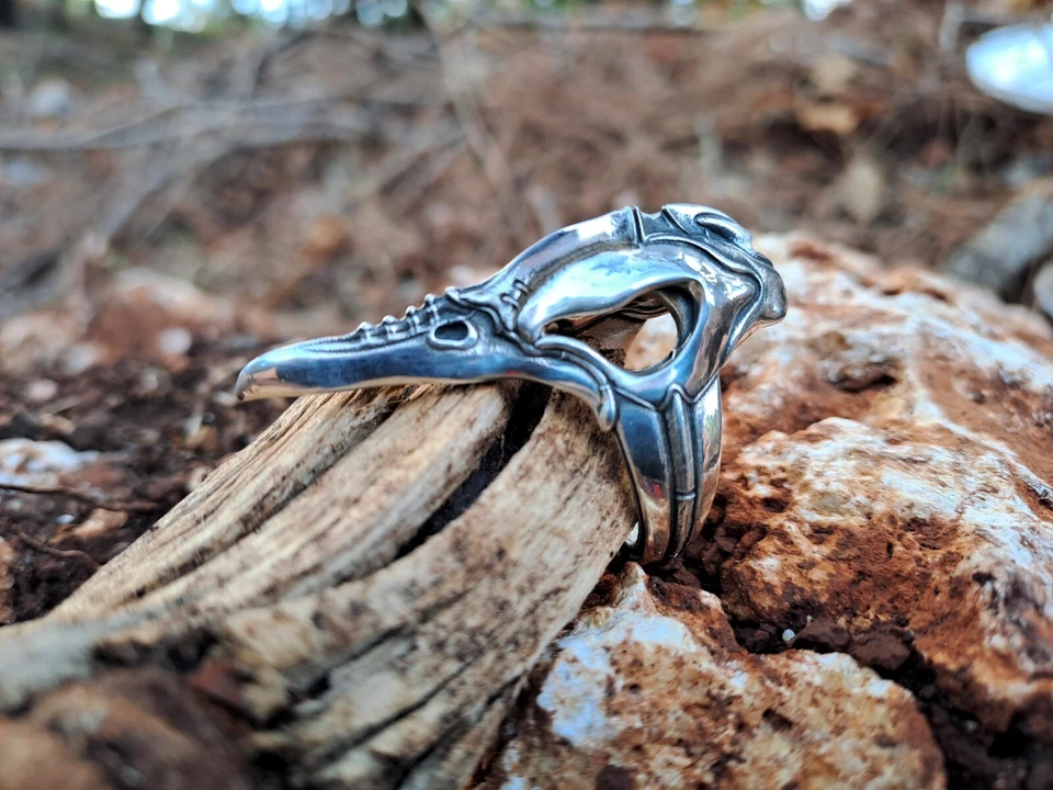 Crow Skull Sterling Silver Ring, Sizes US 7.5  to 12 - Image 2 of 4