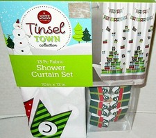 CHRISTMAS FABRIC SHOWER CURTAIN 13 Piece Set GIFT STACK