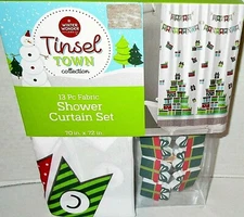 CHRISTMAS FABRIC SHOWER CURTAIN 13 Piece Set GIFT STACK