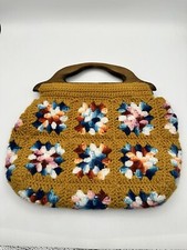 Vintage Boho Granny Square Handbag Hand Sewn Liner With Pockets Wooden Handles