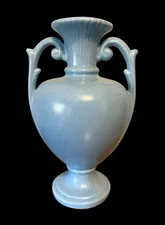 Haeger Blue Handled Vase Ribbed Neck & Base Scroll Handles Trophy  9-3/4" h Vtg