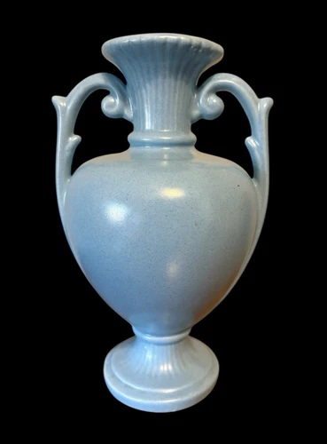 Haeger Blue Handled Vase Ribbed Neck & Base Scroll Handles Trophy  9-3/4" h Vtg